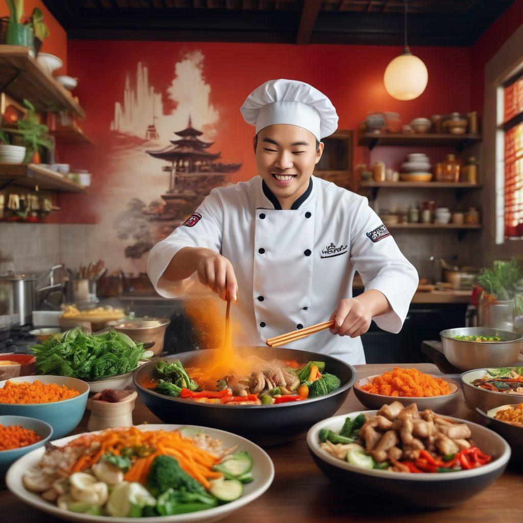A vibrant, inviting kitchen scene showcasing an array of colorful Asian ingredients like ginger, garlic, and vibrant vegetables. In the foreground, a cheerful chef prepares a delicious Panda Express-inspired dish, with steam rising and spices flying. The background features traditional Asian decor and a glimpse of a bustling city, hinting at the culinary journey. Creative illustrations of flavorful dishes float around the kitchen, enticing viewers. vibrant colors. super-realistic.