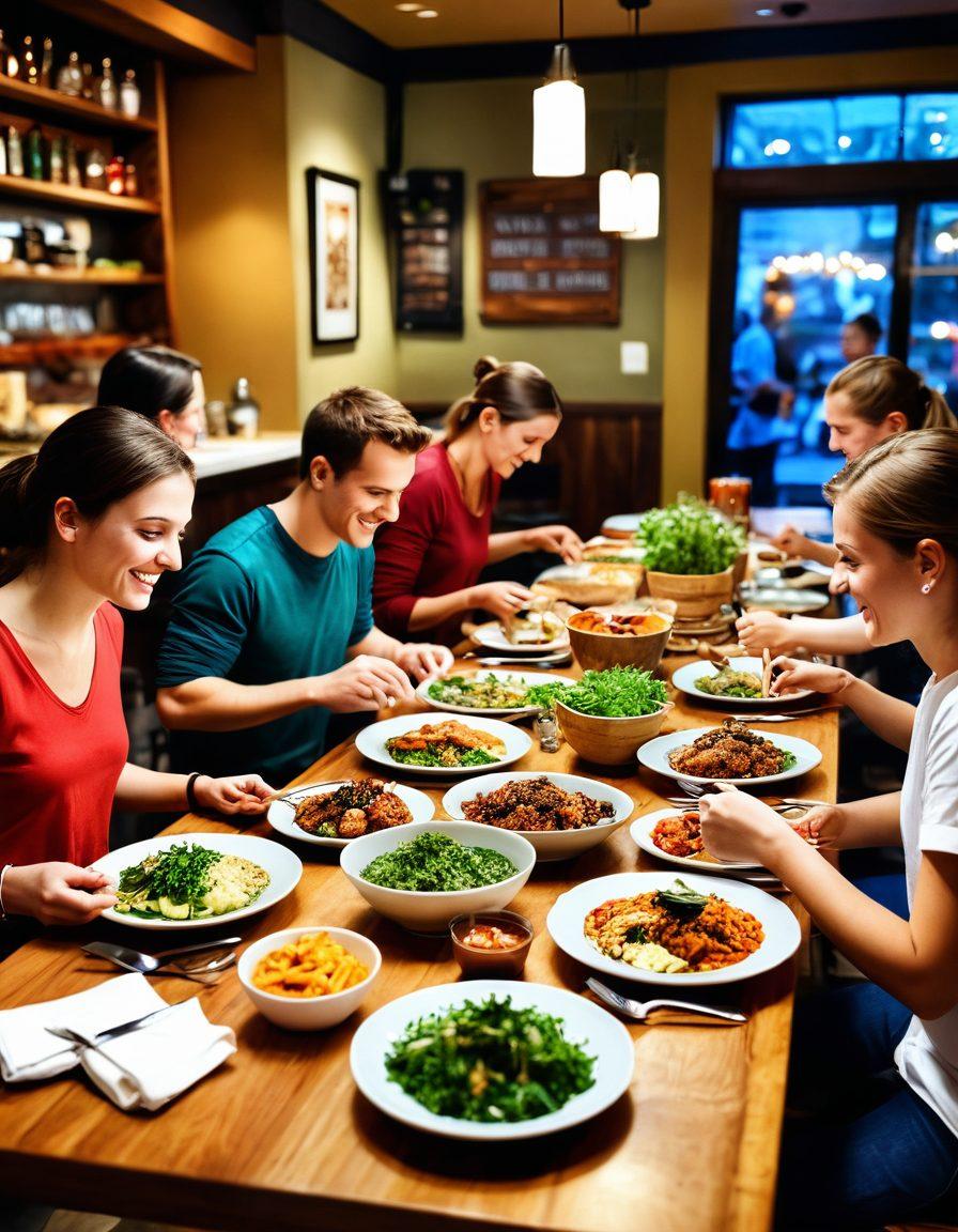 A vibrant restaurant setting showcasing diverse fast casual dishes on wooden tables, with a group of friends excitedly sampling their meals. Include elements of cooking ingredients in the background, like fresh herbs and spices, to emphasize flavor. Highlight colorful plates and an inviting atmosphere, with soft lighting and cozy decor. super-realistic. vibrant colors. inviting ambiance.