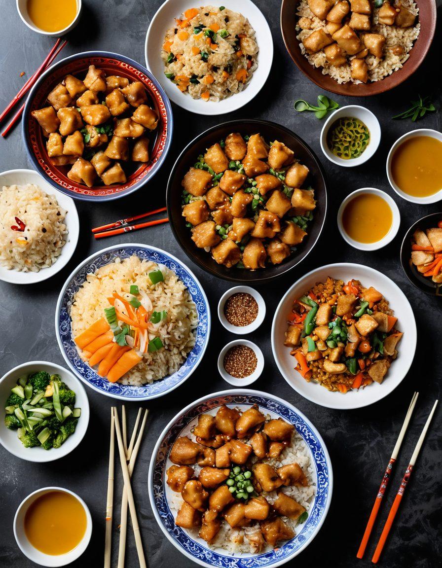 An inviting overhead view of a vibrant Panda Express meal spread including orange chicken, fried rice, and spring rolls, beautifully arranged on traditional Asian dishware. Bright, colorful garnishes like scallions and sesame seeds add freshness, while chopsticks rest elegantly beside the plates. Soft diffused lighting creates a warm, welcoming atmosphere. super-realistic. vibrant colors.